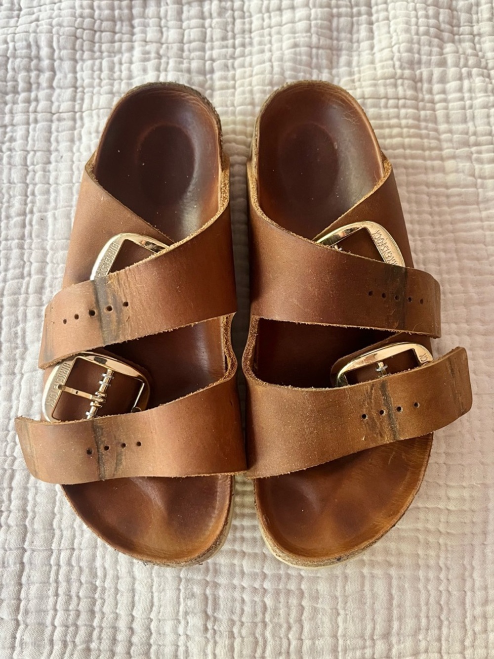 Birkenstock Tan Brown Large Gold Buckle Arizona Leather Sandals 37 - Picture 5 of 10
